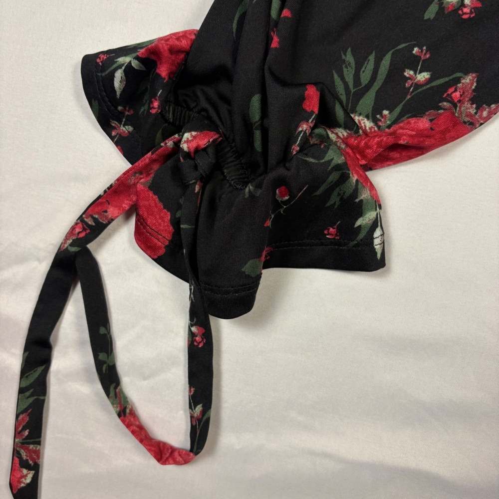 Rousseau Women Red Rose Floral Peplum Top V-Neck Button Front Tie Sleeve Large - Picture 8 of 9